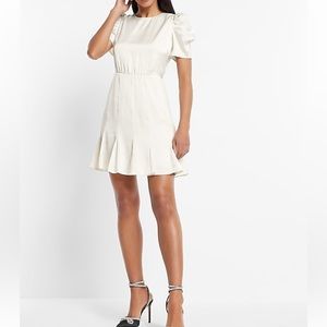 NWT Express Satin Short Puff Sleeve Ruffle Mini Dress Swan Ivory S $88